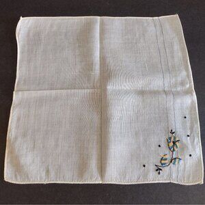 Vintage Cotton Hankie Hankerchief Embroidered Floral Tulip Blue Yellow White